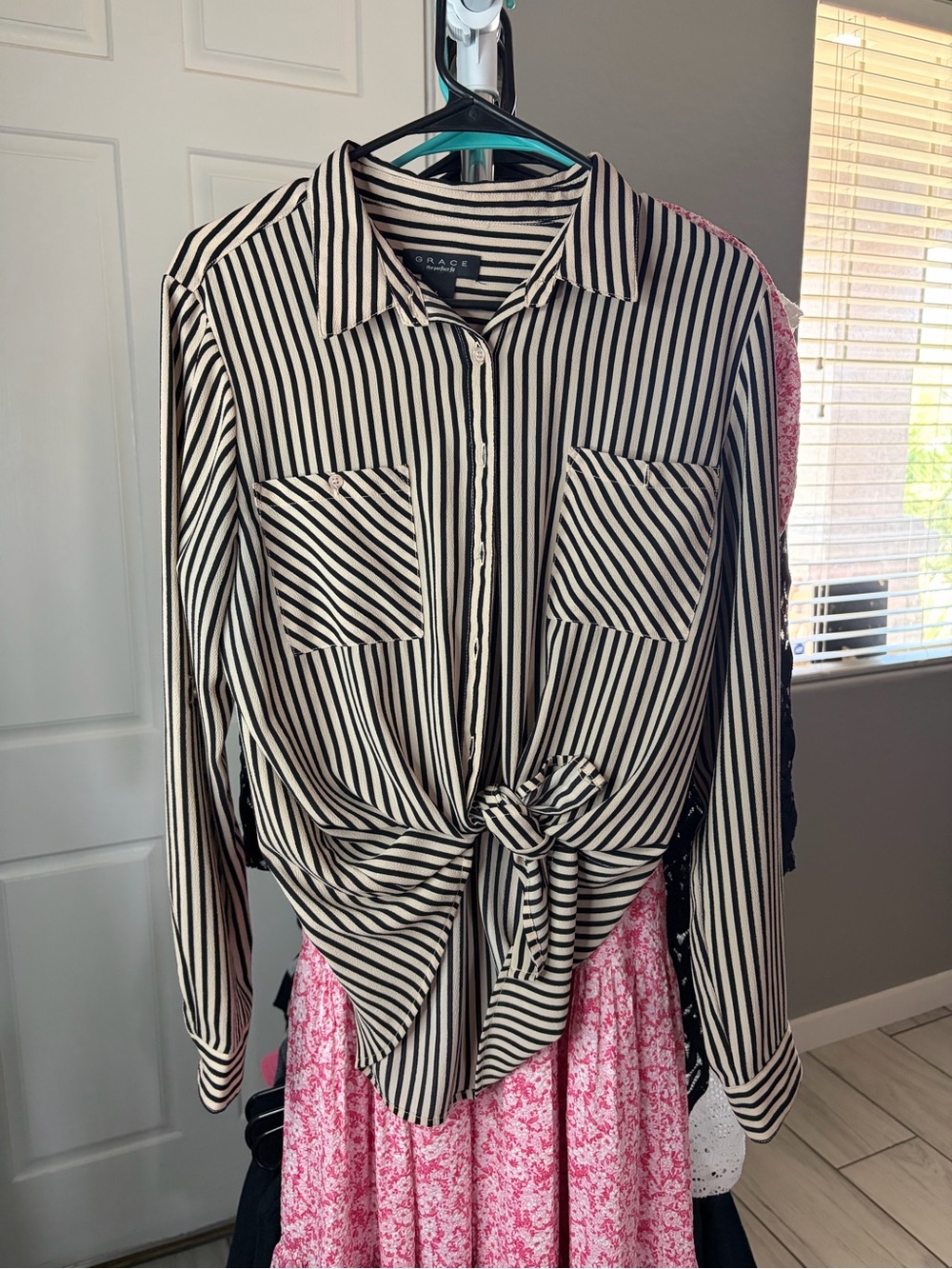 Grace Black and White Vertical-Stripe Tie-Front Button Down Shirt